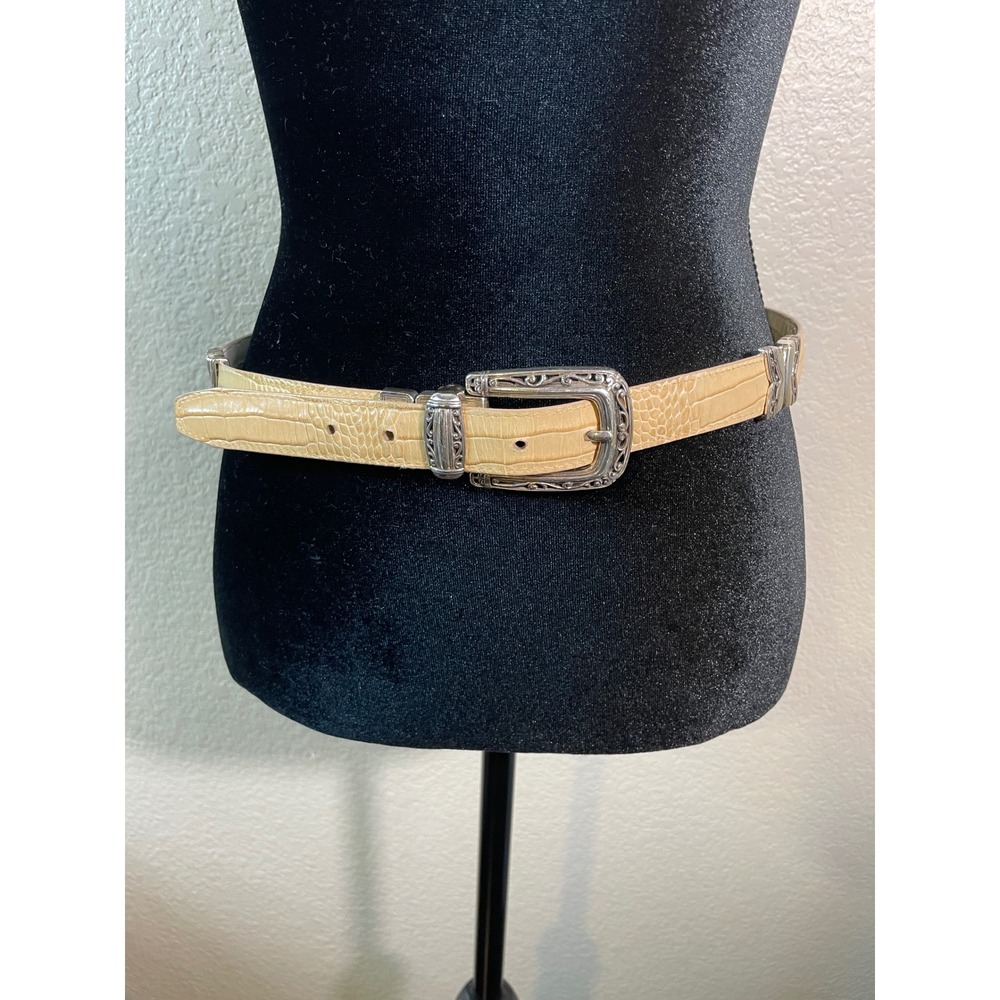 Brighton 34 Reversible Belt White Beige Croc Embossed Leather Silver Buckle